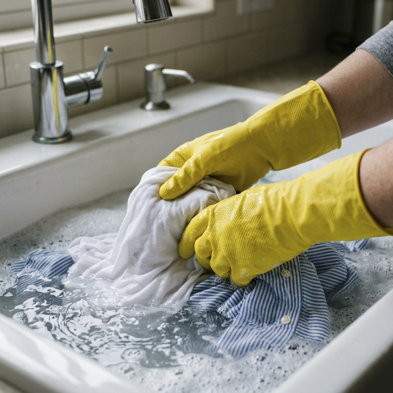 Handen in latex gele handschoenen, die een kledingstuk aan het wassen zijn in een lavabo